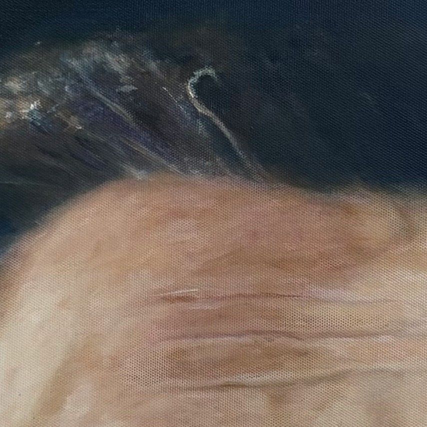 Close-up of the hand-painted portrait: the hair and the edge of the face