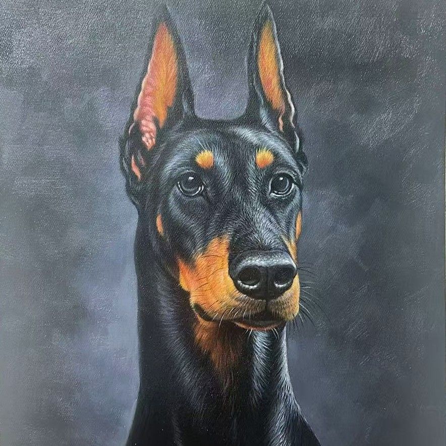 Hand-painted portrait of a Doberman Pinscher, showing the breed's coat and expression