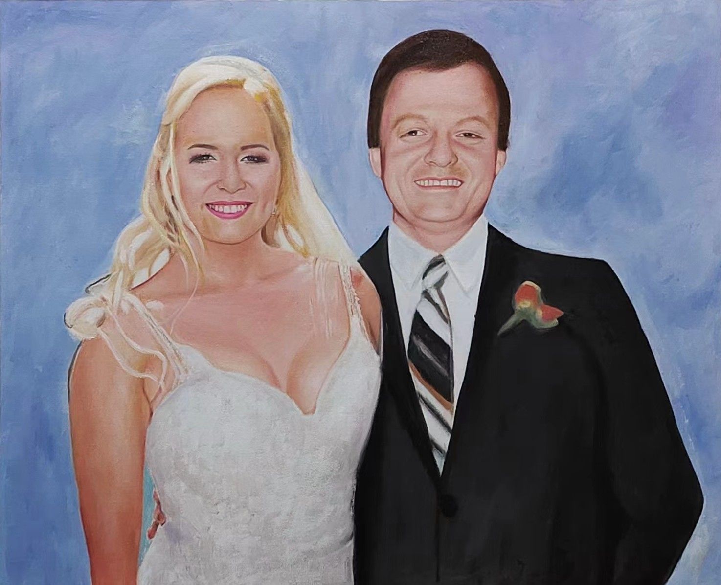 A bride and groom posed together against a soft blue background.