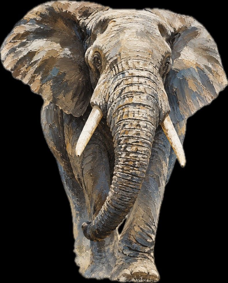 An elephant head with broad ears, pale tusks and textured grey skin on black.