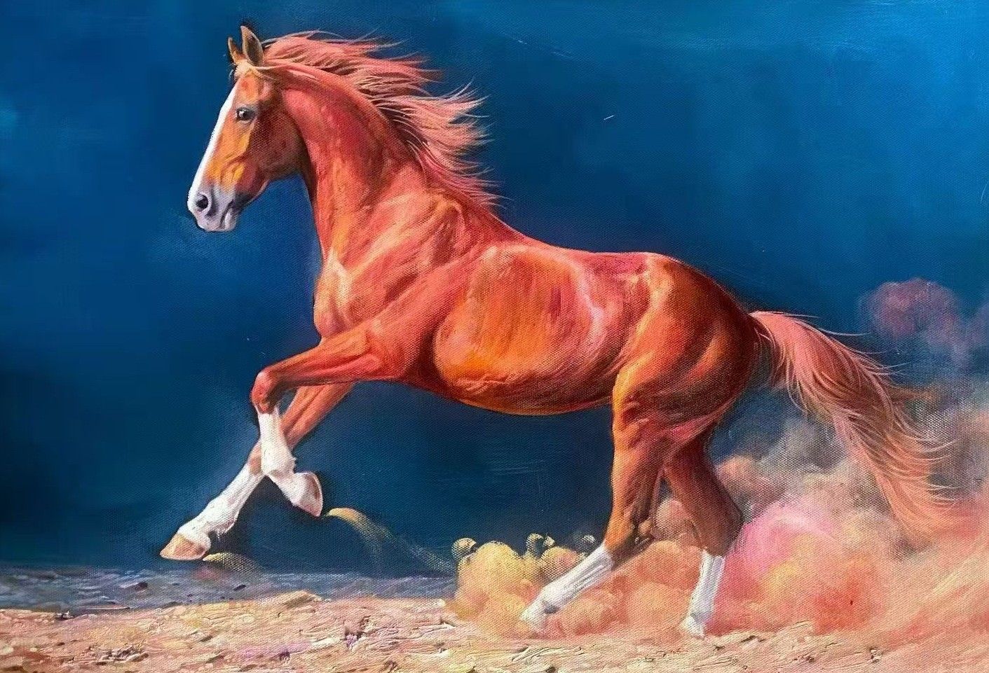 Hand-painted picture of a chestnut horse galloping across sand against a deep blue background, dust rising behind it.