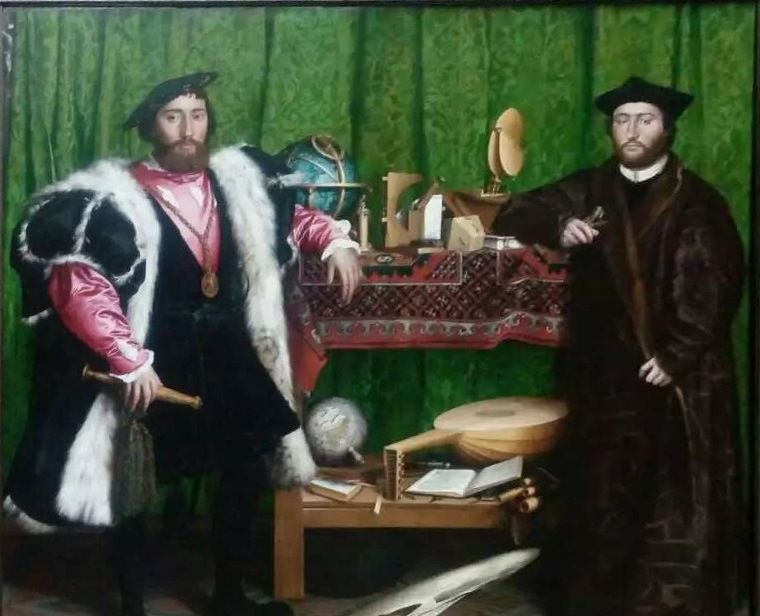A framed copy after Holbein with two standing figures, instruments and a distorted skull.