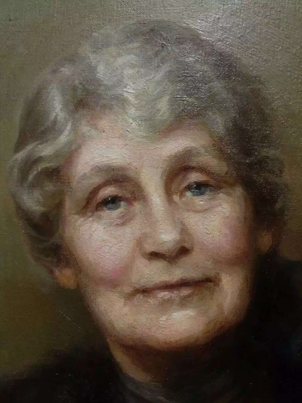 A classical female portrait with pale grey hair and dark clothing.