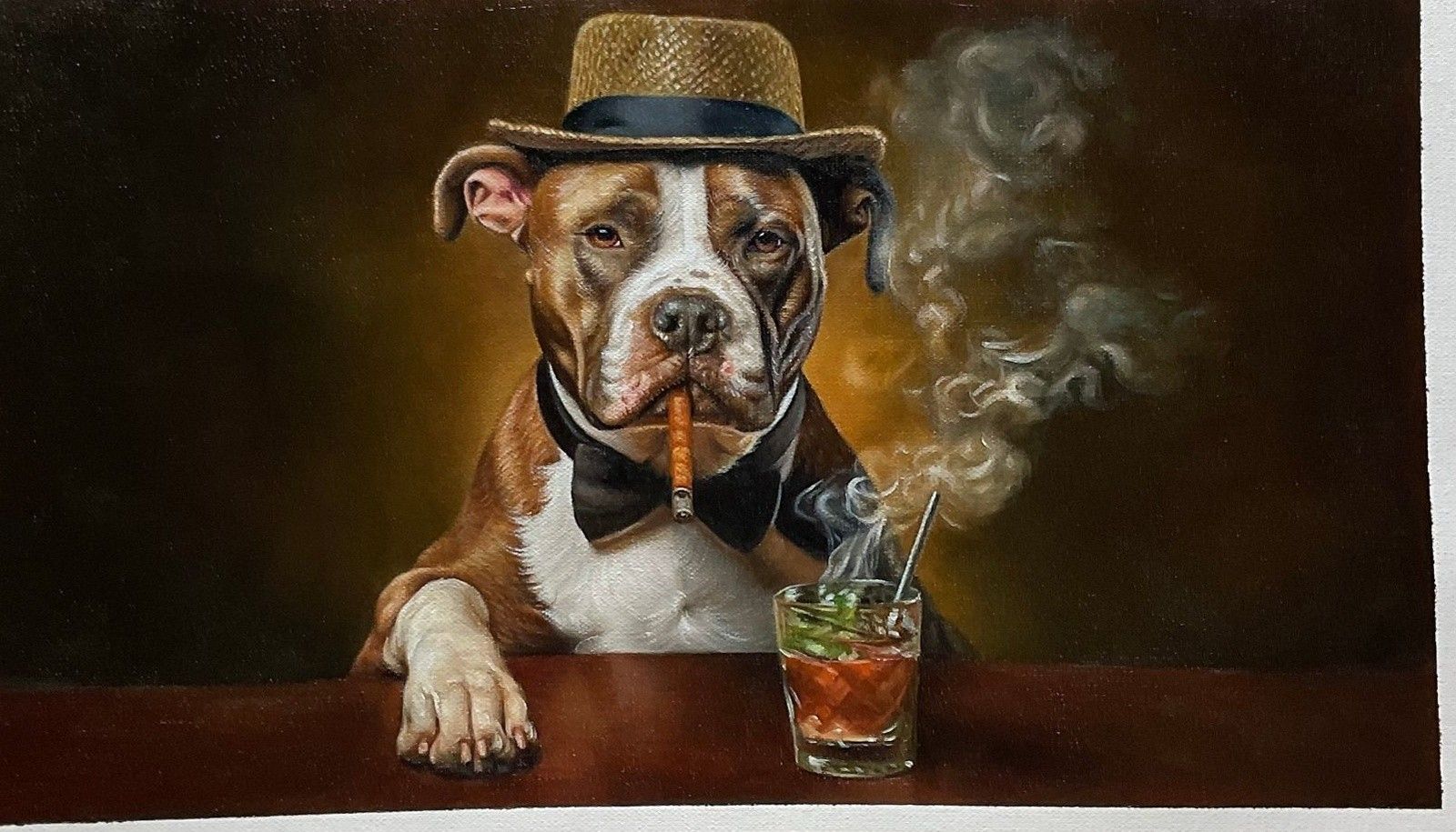 Hand-painted picture of a dog in a straw hat and bow tie sitting at a bar with a cigar and a cocktail glass.