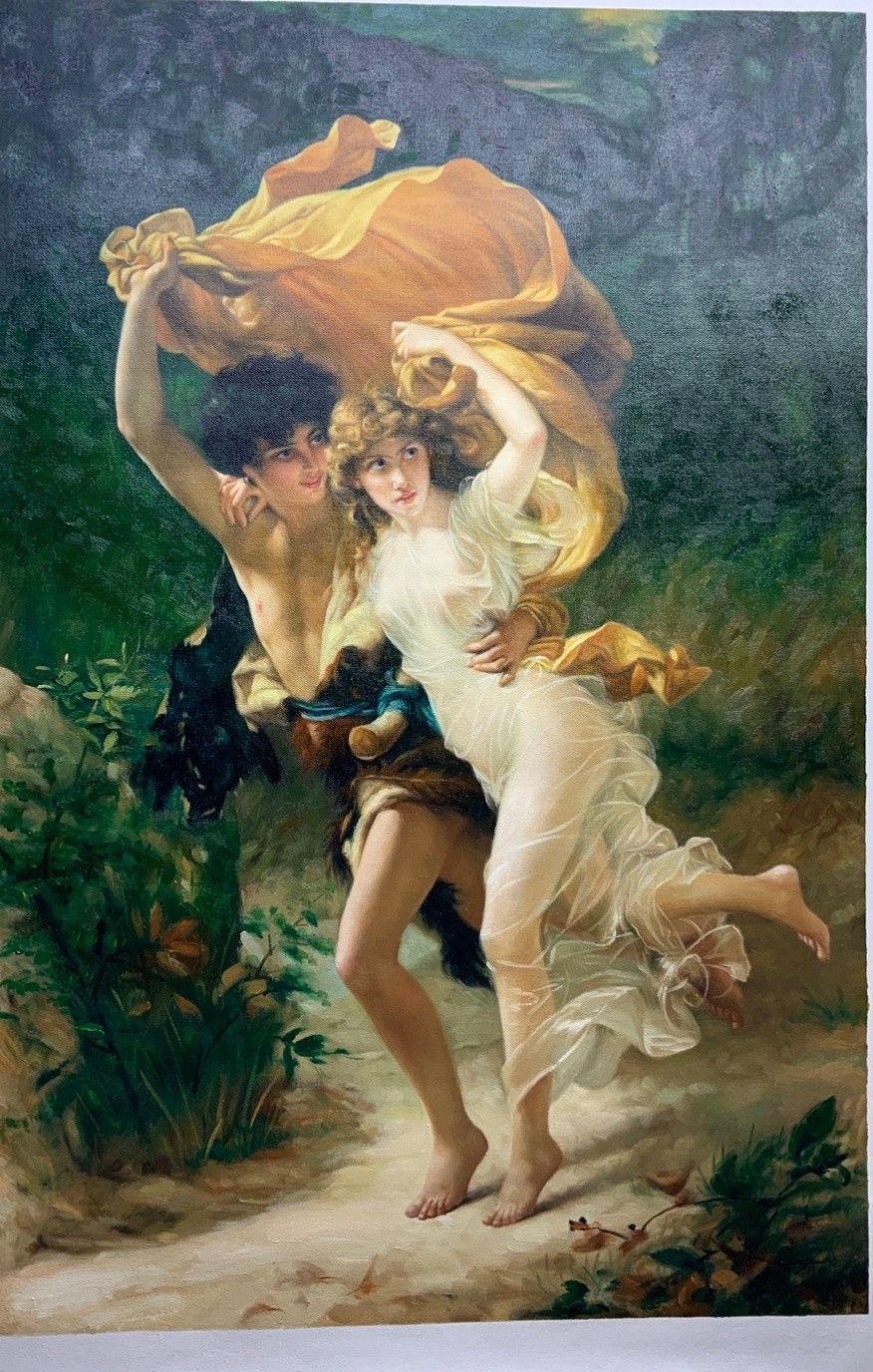 A copy after Pierre-Auguste Cot of a young couple running along a path, sheltering under a billowing gold cloth.