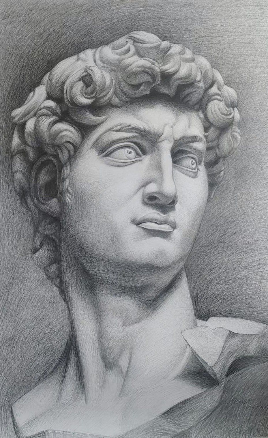 A graphite study of a classical sculpted head with curls and a turned neck.