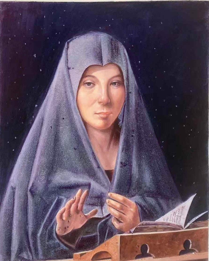 A blue-veiled woman with raised hands and an open book in a devotional master copy.