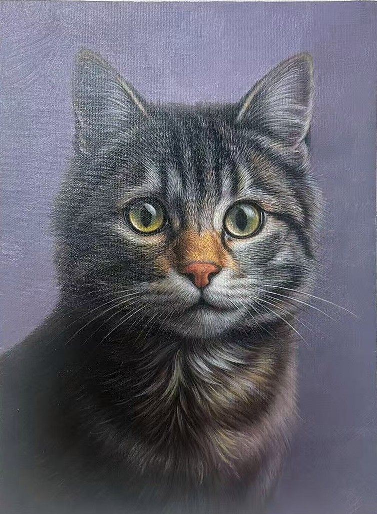A grey tabby cat with green eyes against a muted lilac background.