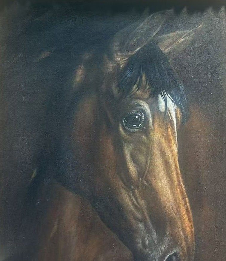 A dark horse head in an ornate gold frame.