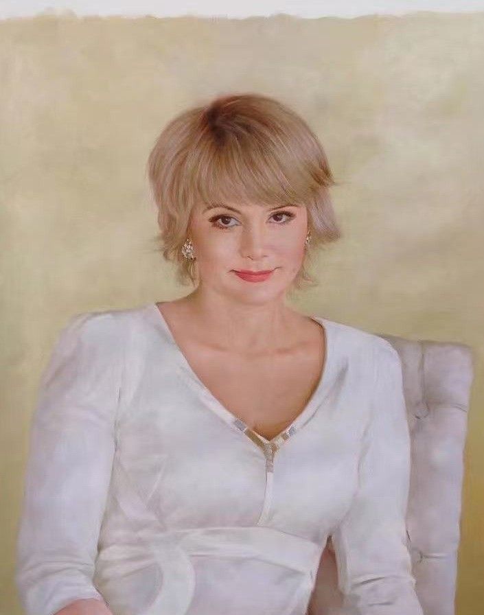 Hand-painted portrait of a seated woman with short fair hair in a white blouse, against a soft olive-green background.