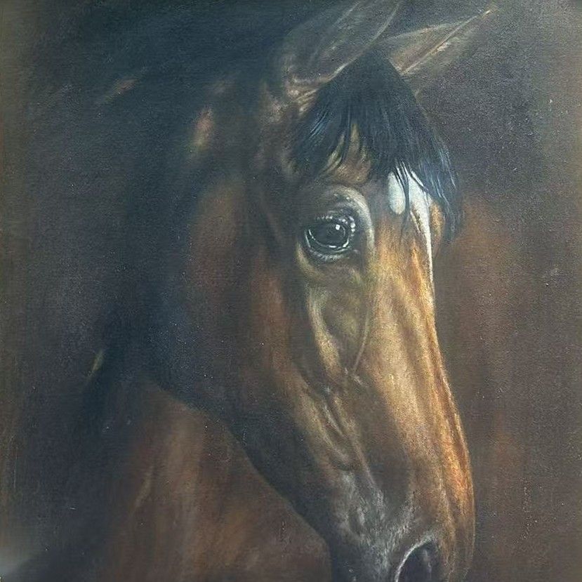 Hand-painted portrait of a Thoroughbred, showing the breed's coat and expression